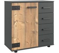 Commode meuble de rangement coloris imitation chêne/gris foncé - Longueur 81 x Hauteur 83 x Profondeur 41 cm