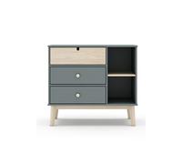 Commode, meuble de rangement en pin ciré et MDF coloris vert kaki, blanc - Longueur 90 x Profondeur 40 x Hauteur 80 cm--