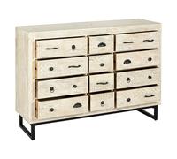 Commode meuble multi-rangements à 12 tiroirs en bois beige blanchi et motifs sculptés - longueur 127 cm x largeur 40 cm x hauteur 94 cm