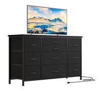 Commode Meuble TV à 9 Tiroirs Tissu, Dessus en Bois de Saule Naturel, Support TV jusqu'à 55 Pouces avec Station de Charge Intégrée, Cadre Métal Robuste Noir, Buffet Multifonction de Rangement pour Sal