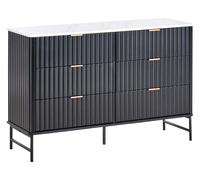 Commode Moderne à 6 Tiroirs MDF Pieds en Métal Façade Cannelée Effet Marbre Noir