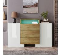 Commode moderne avec éclairage LED, meuble de 140 cm, buffet avec 3 tiroirs et 2 portes, meuble de chambre, blanc