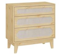 Commode moderne en bois - Table de chevet ou d'appoint - 3 tiroirs avec façade en rotin - Piètement en métal - Pour la chambre à coucher et le salon - Teinte bois