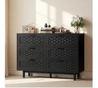 Commode noir rotin 6 tiroirs 115x40x80cm meuble rangement PVC cannage poignées noir - Bahut salon chambre style naturel