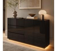 Commode noire brillante, buffet moderne avec éclairage LED, 3 tiroirs, 2 portes, 160 cm de large, buffet, armoire de cuisine, armoire de salon, pour chambre à coucher, salle à manger, bureau, couloir