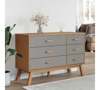 Commode Olden gris et marron 6 tiroirs 111 x 42 x 73,5 cm | Bois de pin massif, finition cirée, grand espace de rangement, style scandinave, pieds en bois