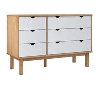 Commode OTTA avec tiroirs, marron-blanc 111x43x73,5 cm, pin massif | 6 tiroirs, plateau de décoration, montage réglable de tiroirs, design scandinave, instructions incluses