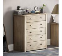Commode Panama en pin massif avec 5 tiroirs, finition chêne ciré - Meuble de chambre