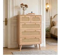 Commode - Plcnn - 5 Tiroirs - Bois Naturel - Finition en Rotin - Style Vintage - 34x60x91cm