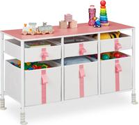 Commode Relaxdays pour enfants, 6 tiroirs en tissu, H x l x P : 61,5 x 100 x 40,5 cm, commode à tiroirs, structure métallique, blanc/rose