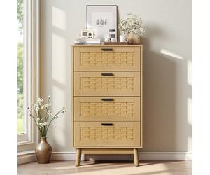 Commode rotin chêne 4 tiroirs 55x40x95cm meuble rangement PVC cannage poignées dorées/noir - Bahut salon chambre style naturel