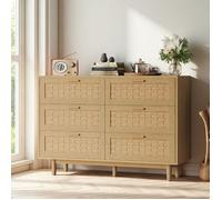 Commode rotin chêne 6 tiroirs 115x40x80cm meuble rangement PVC cannage poignées dorées - Bahut salon chambre style naturel