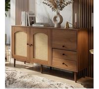 Commode Sideboard Bois 130x40x75.5cm 2 Portes Arches en Cannage Rotin & Tiroirs Grand Bahut Rangement Vaisselle Style Vintage