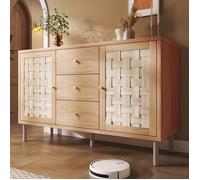 Commode style campagne 120x40x75 cm - Buffet avec 2 portes 3 tiroirs, tablettes réglables, pieds métal,rangement salon entrée, chêne