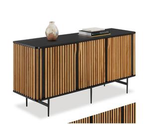 Commode - TECTAKE - Buffet LINEO en bois laqué et en acier revêtu par poudre avec 3 compartiments, 156 x 45,5 x 74 cm - Noir/Marron