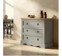 Commode TEQUILA buffet bahut vaisselier en bois style mexicain avec 3 grands tiroirs, en pin massif lasuré gris et brun