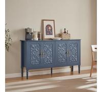 Commode vintage avec sculpture en relief bleu marine 160 cm - portes 3D, coins arrondis, poignées en laiton, armoire de rangement pour salon, salle à manger, couloir