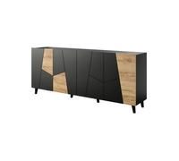 Commode VITRAIL 200 cm - Buffet avec 4 portes - noir mat / chêne craft