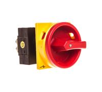 Interrupteur principal Eaton, T3, 32 A, encastrable, 1 module, unipolaire, fonction d'arrêt d'urgence, avec poignée rotative rouge et collerette de verrouillage jaune, verrouillable en position 0 0665