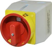 Commutateur à cames dans un boîtier plastique, cadenassable avec 3 cadenas (5-8 mm), bouton rotatif rouge, 0-I (marche - arrêt), 16A, unipolaire, IP65