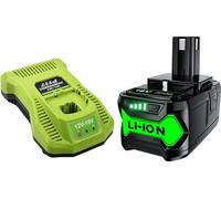 Compatible avec Ryobi One+ 18V, 5,0Ah Li-Ion batterie + chargeur, P108/P104/P107 RB18L50/RB18L20, gris