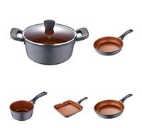 Completa batería de cocina de 5 piezas en aluminio fundido antiadherente, apta para inducción. Incluye cazuela, sartenes y wok, ideales para cualquier tipo de plato.