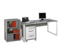 Composad | Bureau, Commode et Bibliothèque Basse avec 2 étagères de la Ligne Dessin, Lot de 3 Meubles de Bureau, Bureau Moderne, Couleur Gris Ciment et Blanc laqué, fabriqué en Italie