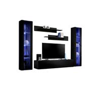 Composition murale FLY A2 - Noir brillant avec LED - Meuble TV suspendu avec colonnes et étagères - Design moderne