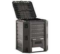 Composteur de jardin noir 380 l résistant aux intempéries avec couvercle et rabat pour déchets de jardin et déchets de cuisine, composteur thermique compact pour une formation rapide de pourriture et