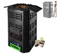 Composteur modulaire KADAX, composteur rapide en plastique, composteur à pressions, thermocomposteur noir avec couvercle rabattable (1260L)