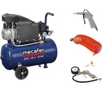 Compresseur à huile MECAFER 24 l, horizontal, 2 HP, 8 bars, kit bleu comprenant un tuyau, un pistolet de soufflage, un pistolet de remplissage et 3 embouts