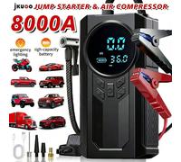 Compresseur d'air portable multifonctionnel amélioré 2026 avec démarreur de secours, gonfleur de pneus 150 PSI, affichage numérique, surveillance de la pression des pneus, lampe de poche LED 3 modes e