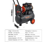 Compresseur d'air silencieux VEVOR, capacité de 9,3 gallons, puissance de 2,5 HP, 24L 1450W