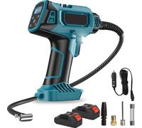 Compresseur portable pour pneus de voiture - Pompe à air sans fil 21 V - Affichage numérique - Appareil manuel - Avec 2 batteries rechargeables et prise UE - 26 × 22 × 10 cm - Vert