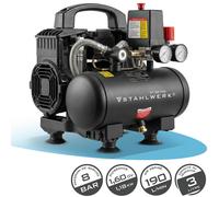 Compresseur STAHLWERK avec réservoir de 3 L (ST-38 Pro) - sans huile & silencieux, 8 bar, compresseur d'air comprimé silencieux avec moteurs Brushless, 1,60 CV, 1,18 kW, 190 l/min