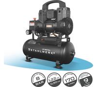 Compresseur STAHLWERK avec réservoir de 9 L (ST-98 Pro) - sans huile & silencieux, 8 bar, compresseur d'air comprimé silencieux avec moteur Brushless, 1,22 CV, 0,90 kW, 170 l/min