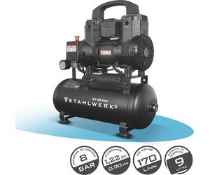 Compresseur STAHLWERK avec réservoir de 9 L (ST-98 Pro) - sans huile & silencieux, 8 bar, compresseur d'air comprimé silencieux avec moteur Brushless, 1,22 CV, 0,90 kW, 170 l/min
