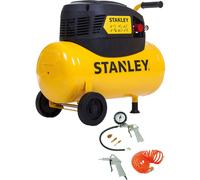 Compresseur Stanley D200/8/24, comprenant 6 accessoires : compresseur d'air 8 bars, 24 litres, incluant une pistolet à air, un gonfleur, un tuyau en spirale de 5 mètres et 3 embouts - couleur jaune