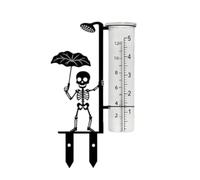 Compteur de pluie de jardin avec motif squelette d'Halloween | Piquet de sol en métal peint et tube gradué transparent pour une vue décontractée de la cour ou des parterres de fleurs