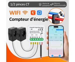 Compteur d'énergie intelligent WiFi Tuya AC100-240V 1/2CT avec pince ampèremétrique, contrôle par application, moniteur de puissance 80A, statistiques d'électricité