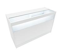 Comptoir de Vente en MDF Blanc LED Blancs Intégrés B1500 3 Étagères Portes Coulissantes Verouillables Rangement Commerciale Vitrine en Verre Acceuil Réception Bureau Vêtements Bijoux [2 Clés Inclus]