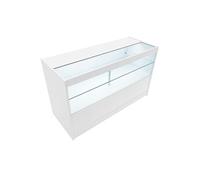 Comptoir de Vente en MDF Blanc LED Blancs Intégrés C1500 3 Etagères Portes Coulissantes Verouillables Rangement Commerciale Vitrine en Verre Acceuil
