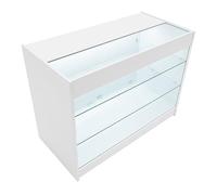 Comptoir de Vente en MDF Blanc LED Blancs Intégrés K1200 3 Étagères Portes Coulissantes Verouillables Rangement Commerciale Vitrine en Verre Acceuil Réception Bureau Vêtements Bijoux [2 Clés Inclus]