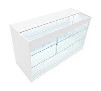 Comptoir de Vente en MDF Blanc LED Blancs Intégrés K1500 3 Étagères Portes Coulissantes Verouillables Rangement Commerciale Vitrine en Verre Acceuil Réception Bureau Vêtements Bijoux [2 Clés INCLUS]
