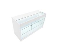 Comptoir de Vente en MDF Blanc LED Blancs Intégrés K1500 3 Etagères Portes Coulissantes Verouillables Rangement Commerciale Vitrine en Verre Acceuil