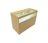 Comptoir de Vente en MDF Érable LED Blancs Intégrés B1200 3 Étagères Portes Coulissantes Verouillables Rangement Commerciale Vitrine en Verre Acceuil Réception Bureau Vêtements Bijoux [2 Clés INCLUS]