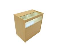 Comptoir de Vente en MDF Erable LED Blancs Intégrés B900 3 Etagères Portes Coulissantes Verouillables Rangement Commerciale Vitrine en Verre Acceuil
