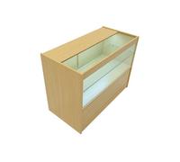 Comptoir de Vente en MDF Erable LED Blancs Intégrés C1200 3 Etagères Portes Coulissantes Verouillables Rangement Commerciale Vitrine en Verre Acceuil
