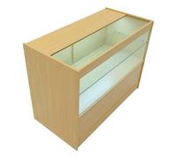 Comptoir de Vente en MDF Érable LED Blancs Intégrés C1200 3 Étagères Portes Coulissantes Verouillables Rangement Commerciale Vitrine en Verre Acceuil Réception Bureau Vêtements Bijoux [2 Clés INCLUS]