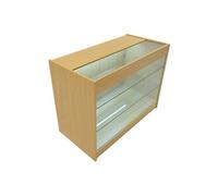 Comptoir de Vente en MDF Érable LED Blancs Intégrés K1200 3 Étagères Portes Coulissantes Verouillables Rangement Commerciale Vitrine en Verre Acceuil Réception Bureau Vêtements Bijoux [2 Clés Inclus]